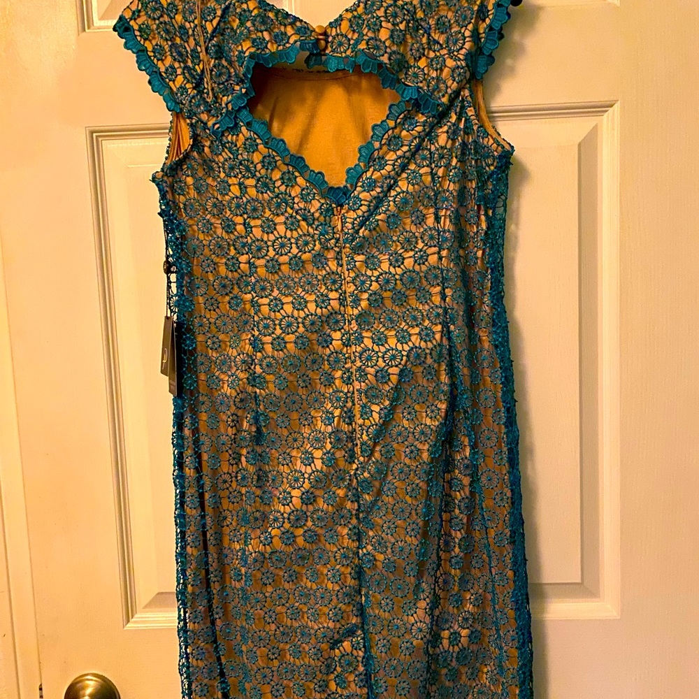 NWT Adrian Appel teal over nude cocktail stunner